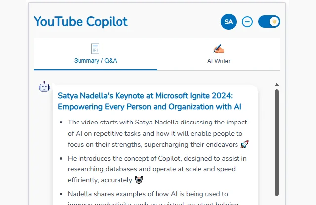 Screenshot of Cazton Copilot Genius's Q&A interface showing a conversation with the AI about video content